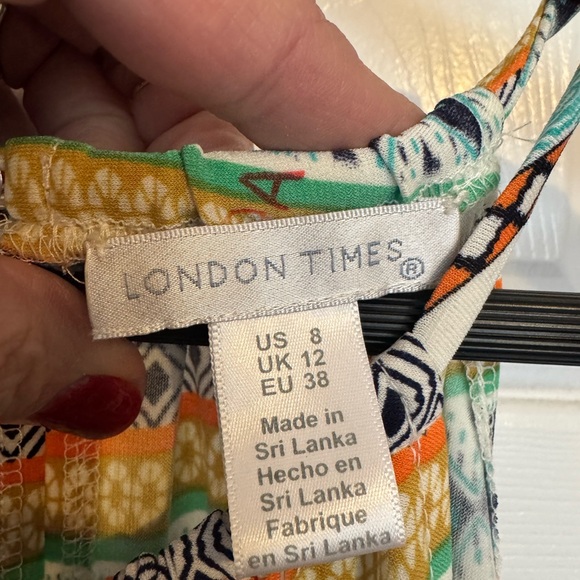 London Times Halter Maxi Dress | Geometric Print | Raw Hem | Size 8 - Picture 3 of 6